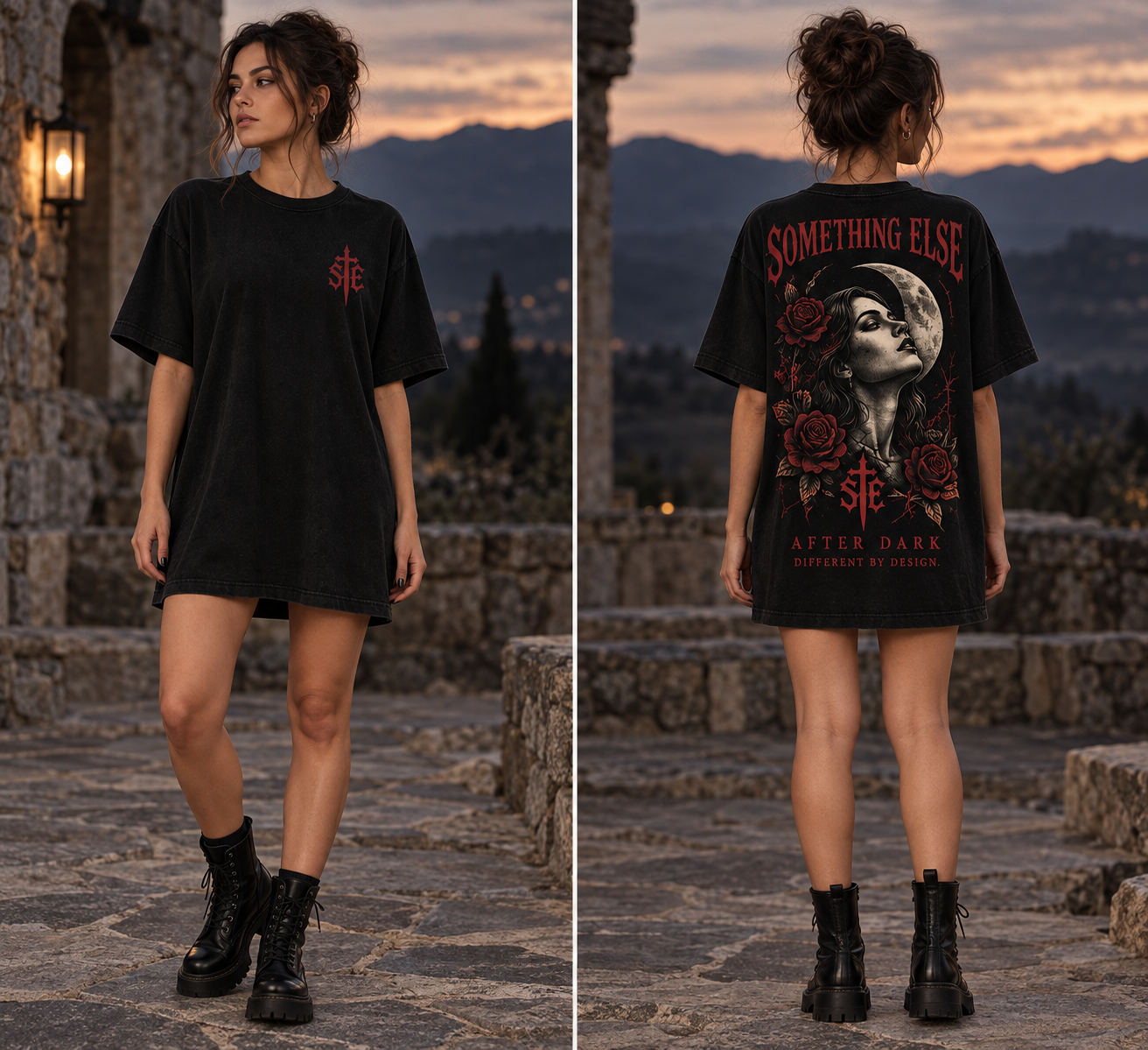 women after dark oversized tee dress — front and back worn by a woman